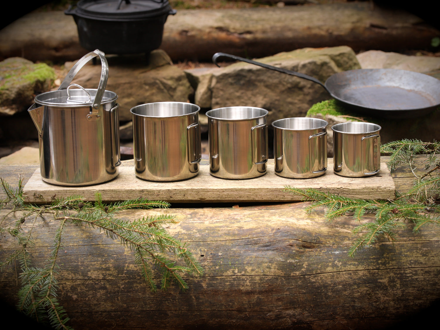 Bushcraft Edelstahl Kochset – Stapelbare Outdoor Becher & Kochtopf mit Henkel