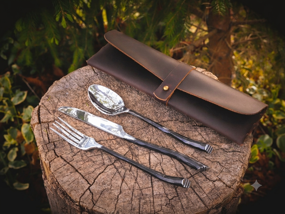 „Waldläufer“ Besteckset – Handgeschmiedetes Outdoor- & LARP-Besteck mit nahtlosem Lederetui