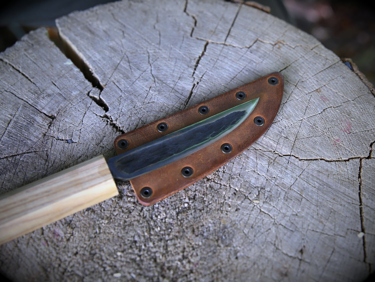 Yakut-Messer mit flachen Eschenholzgriff + Lederscheide