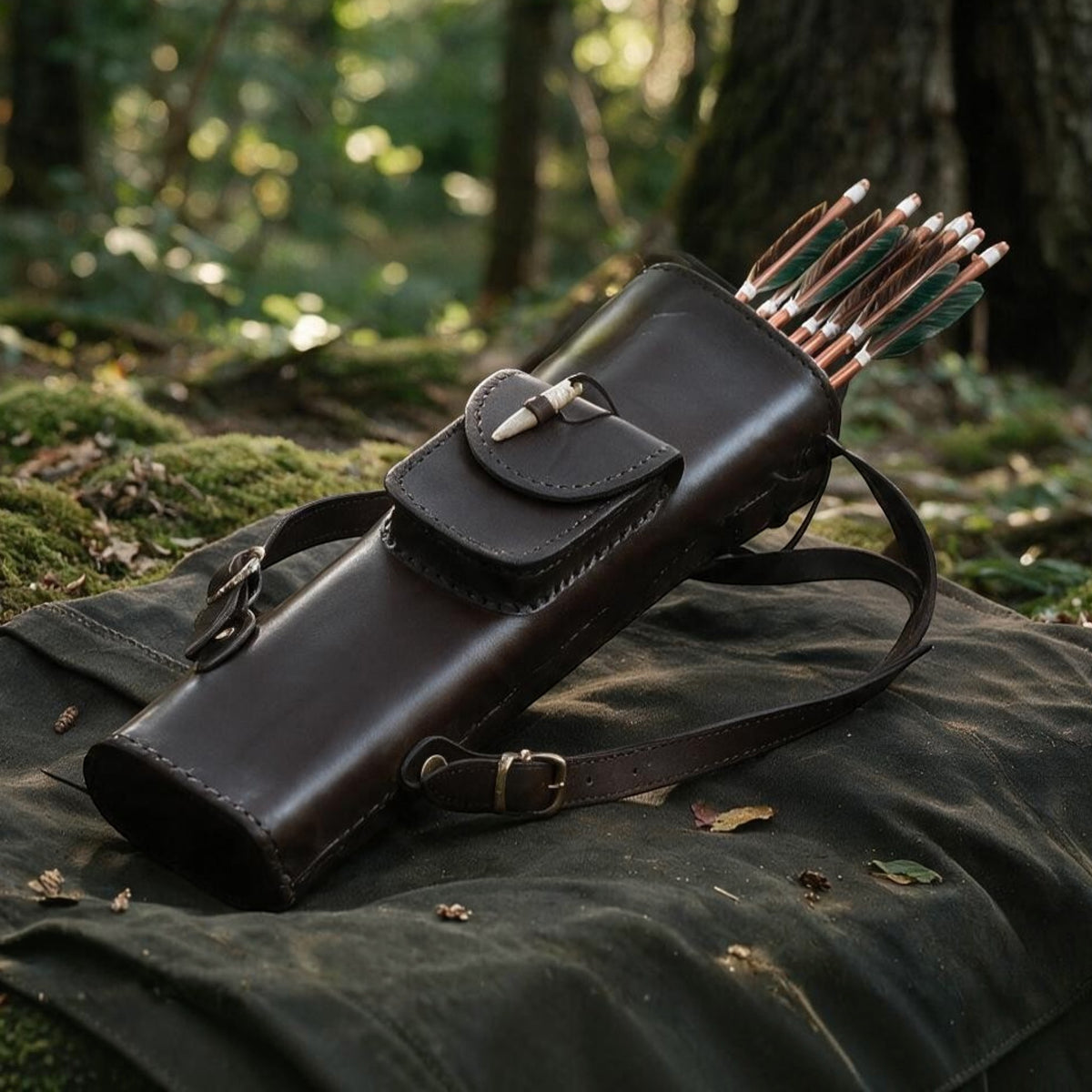 Elliptischer Lederköcher „Rhovanion“ mit Tasche & Geweihverschluss