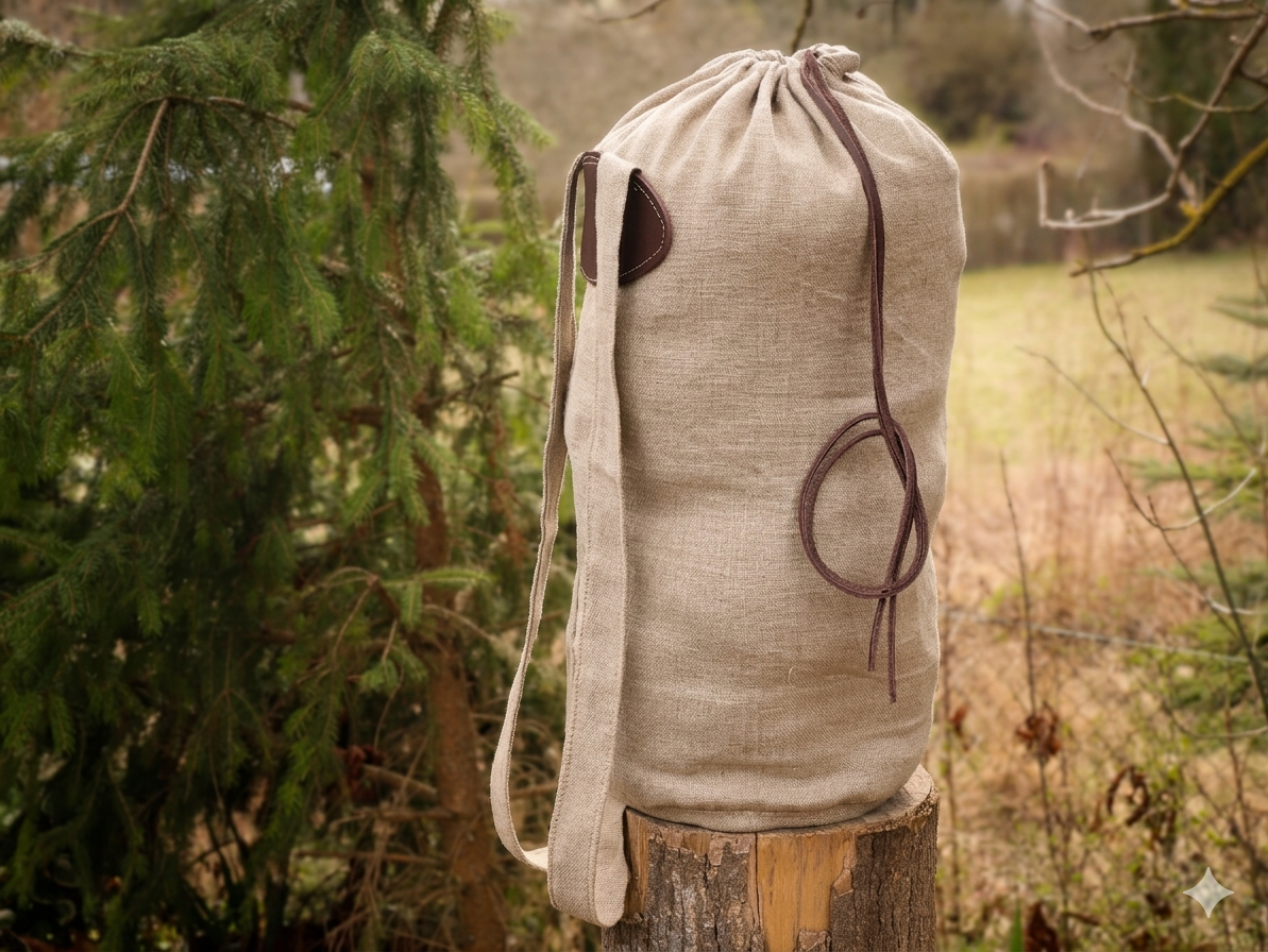 Handgefertigter Mittelalter Rucksack aus 100% Leinen & Rindsleder für Bushcraft & LARP